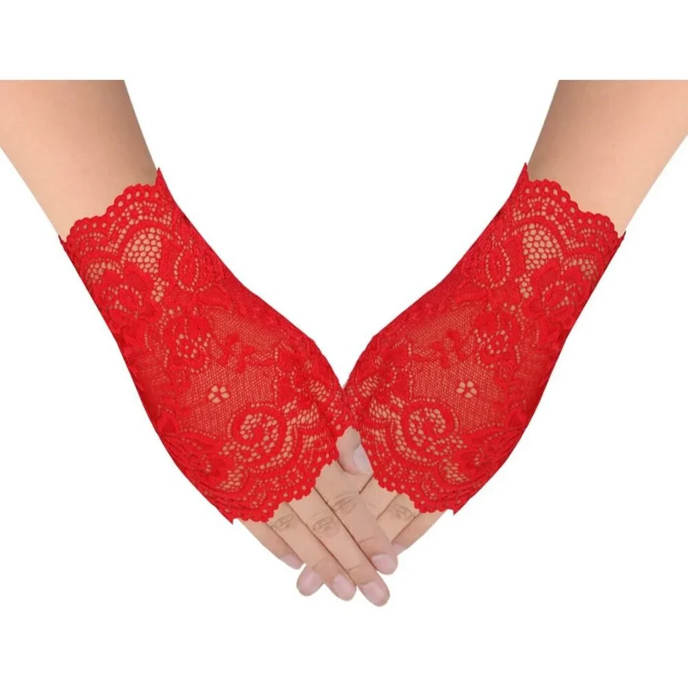 Women's 2 Pairs Red Lace Fingerless Gloves Party Prom Costume Accessories